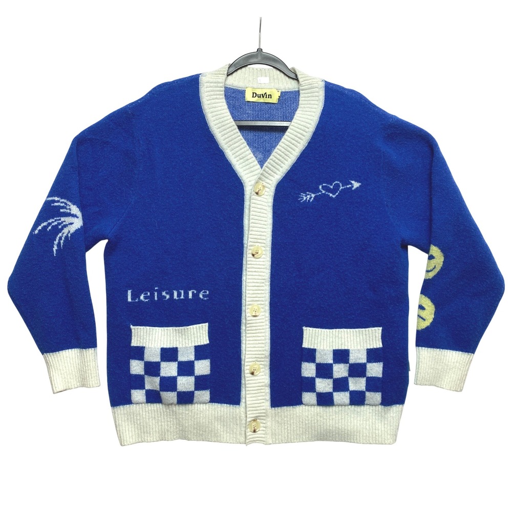 Duvin Design Leisure Cardigan Mens Medium Blue Graphic Knit Checkerboard Sweater